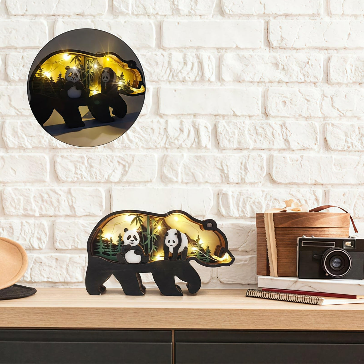 Drawelry 3D Wood Carving Animals Lamp Home Decorative, Cute Bear Family Elephant Presents Ideas Christmas Living Room Office Decor Warm LED Night Lights Gift for Friend Daughter Son Mom Dad (Panda) Drawelry