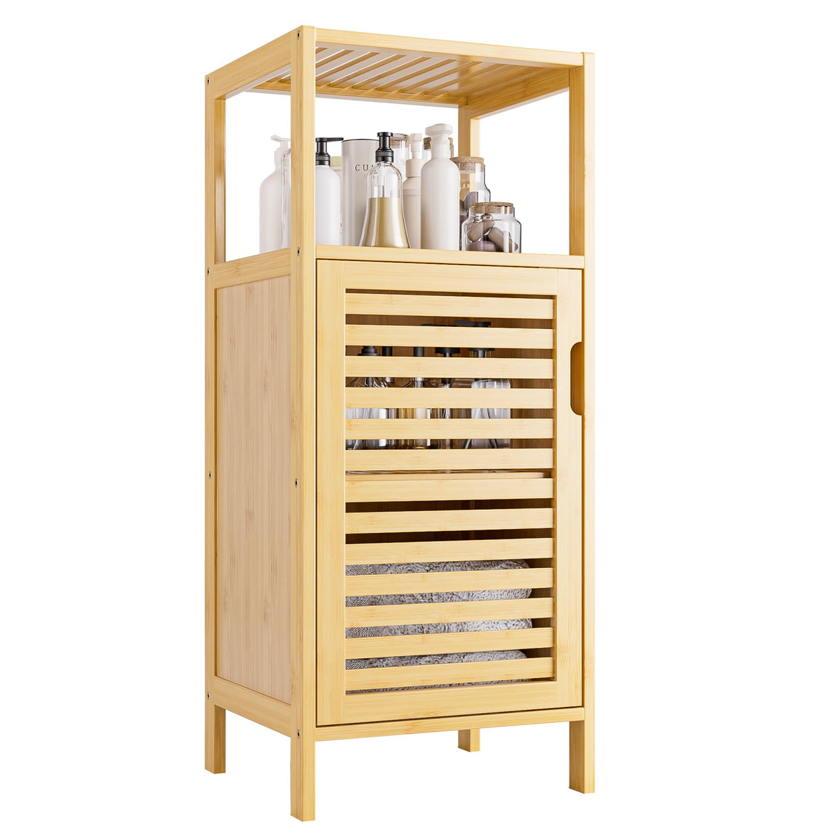 HITNET Bathroom Cabinet Freestanding, Small Bamboo Floor Cabinet, 4 Tier Single Door Sofa Side Table Storage Organizer, Space Saving Kitchen Cupboard, Natural HITNET