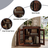 Fameill Farmhouse End Table with LED Lights,Sofa Side Table with Glass Barn Door,Wood Square Nightstand Bedside Table for Living Room,Bedroom,24" Large with Adjustable Storage Shelf,Brown Fameill