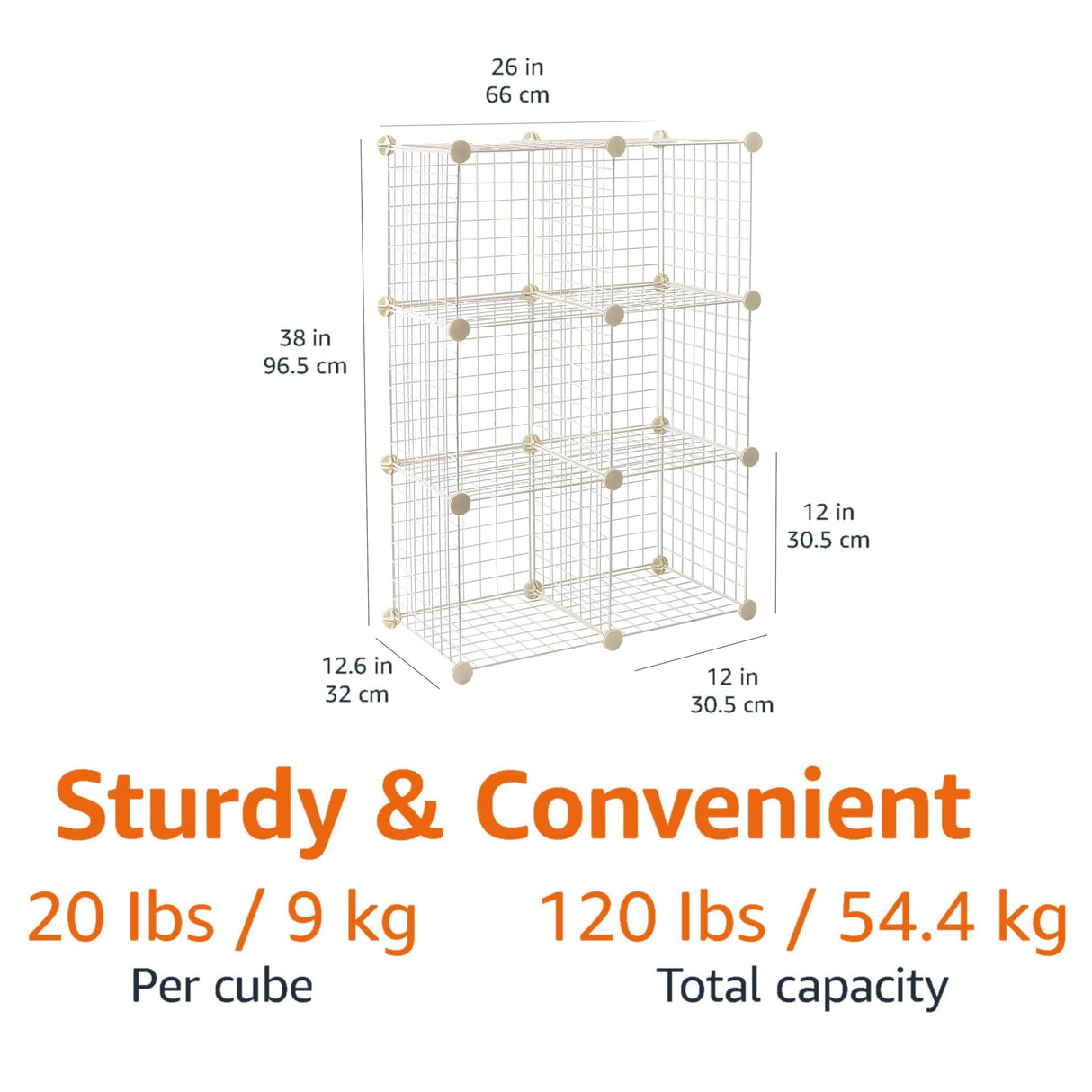 Amazon Basics 6 Cube Wire Grid Stackable Storage Shelves, 12.6 x 26 x 38 inches, White Amazon Basics