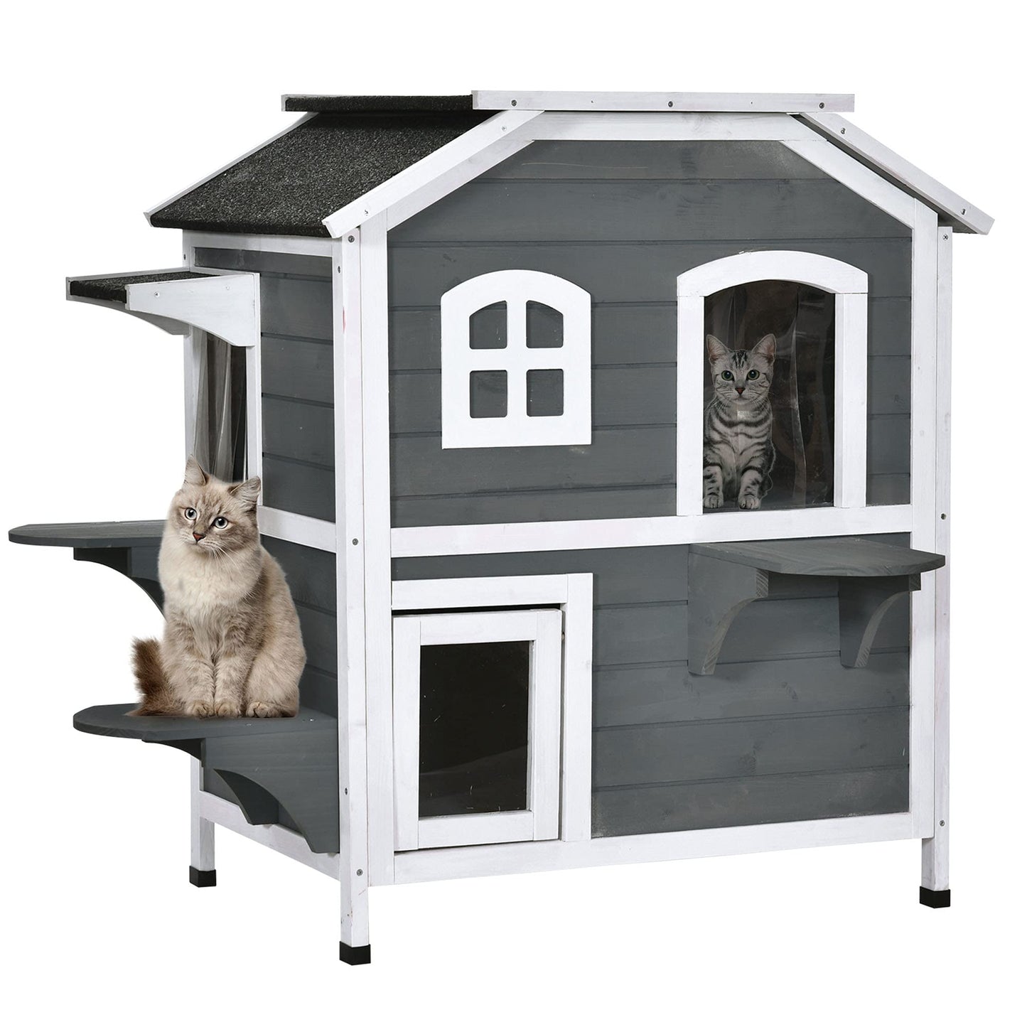 PawHut 2-Story Cat House Outdoor, Weatherproof Wooden Cat Enclosure for Feral Cats with Escape Door, Openable Roof, Jumping Platforms, Gray - WoodArtSupply