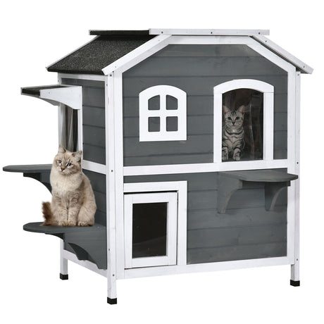 PawHut 2-Story Cat House Outdoor, Weatherproof Wooden Cat Enclosure for Feral Cats with Escape Door, Openable Roof, Jumping Platforms, Gray PawHut