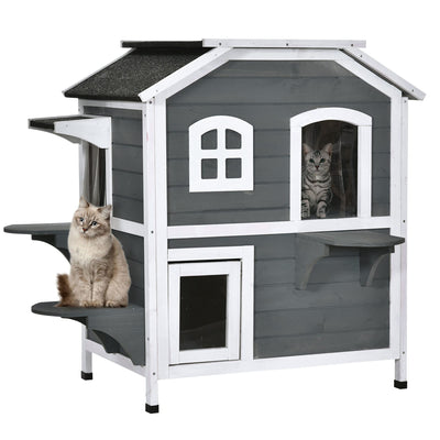 PawHut 2-Story Cat House Outdoor, Weatherproof Wooden Cat Enclosure for Feral Cats with Escape Door, Openable Roof, Jumping Platforms, Gray