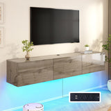 AMERLIFE 70" Floating TV Stand with LED Lights and Power Outlet, High Gloss Wooden Texture Wall Mounted Media Console Entertainment Center for TVs Up to 80", Grey AMERLIFE