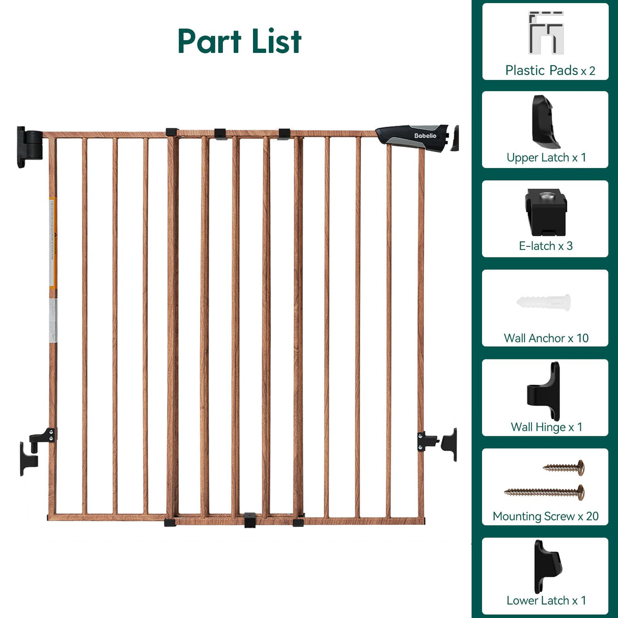 Babelio 26-43" No Bottom Bar Baby Gate for Babies, Elders and Pets, 2-in-1 Hardware Mount Dog Gate for The House, Stairs and Doorways, with Large Walk Thru Door, Brown Wood Pattern BABELIO