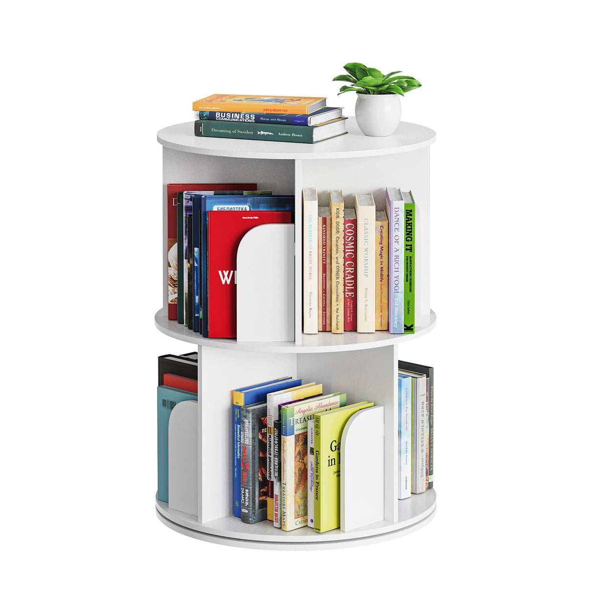 SpaceAid Cross Style 2 Tier Rotating Bookshelf, Spinning 360 Bookcase Lazy Susan Tower, Vertical Revolving Books Shelf Storage Round Carousel Space Saving Organizer, White SpaceAid
