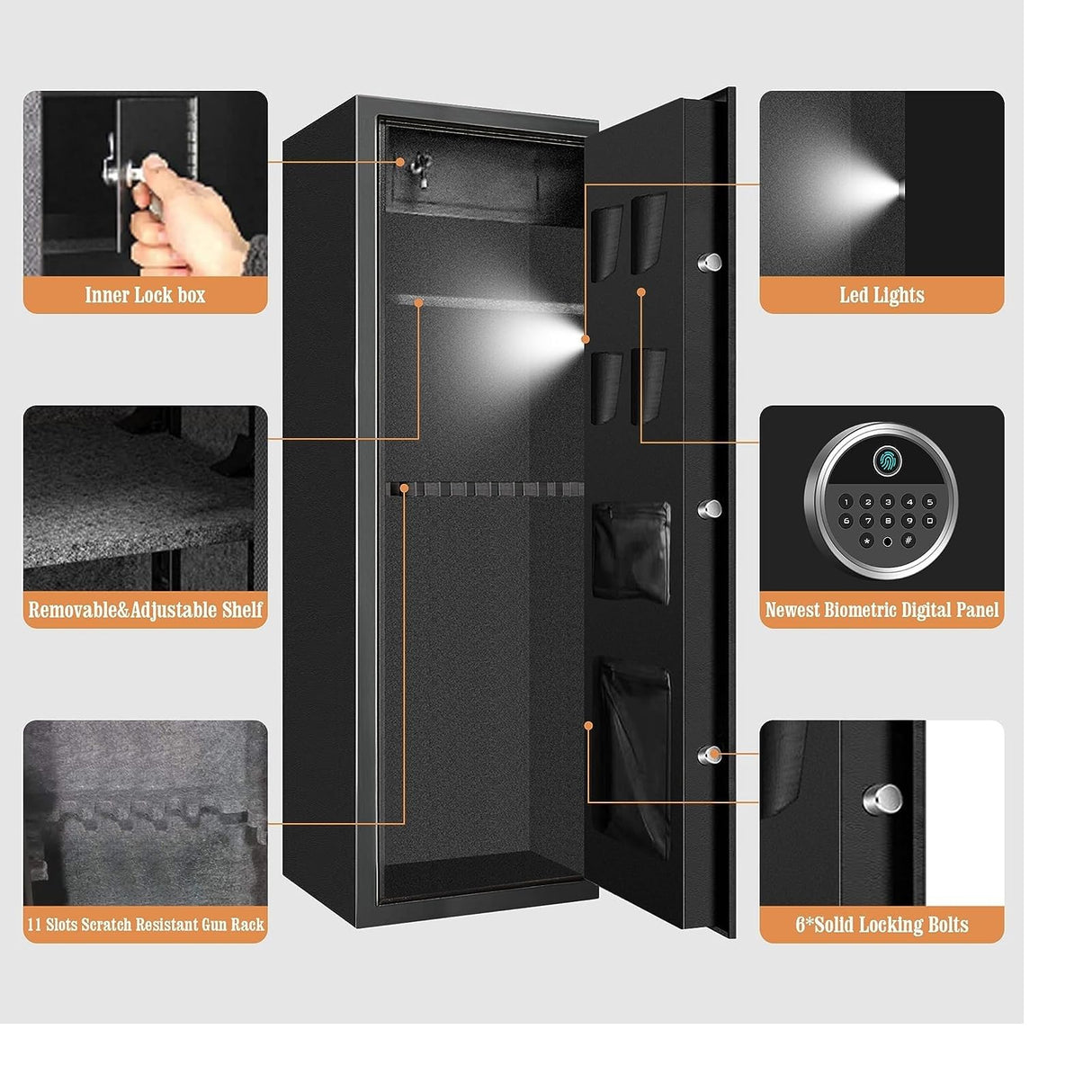 [2024 NEW] 7-8 Fireproof Biometric Gun Safes for Home Rifle and Pistols, Heavy Duty Anti-Theft Long Gun Safes for Rifles and Shotguns with 3 Handgun Pocket, Removable Shelf, Silent Mode TOLEBLID