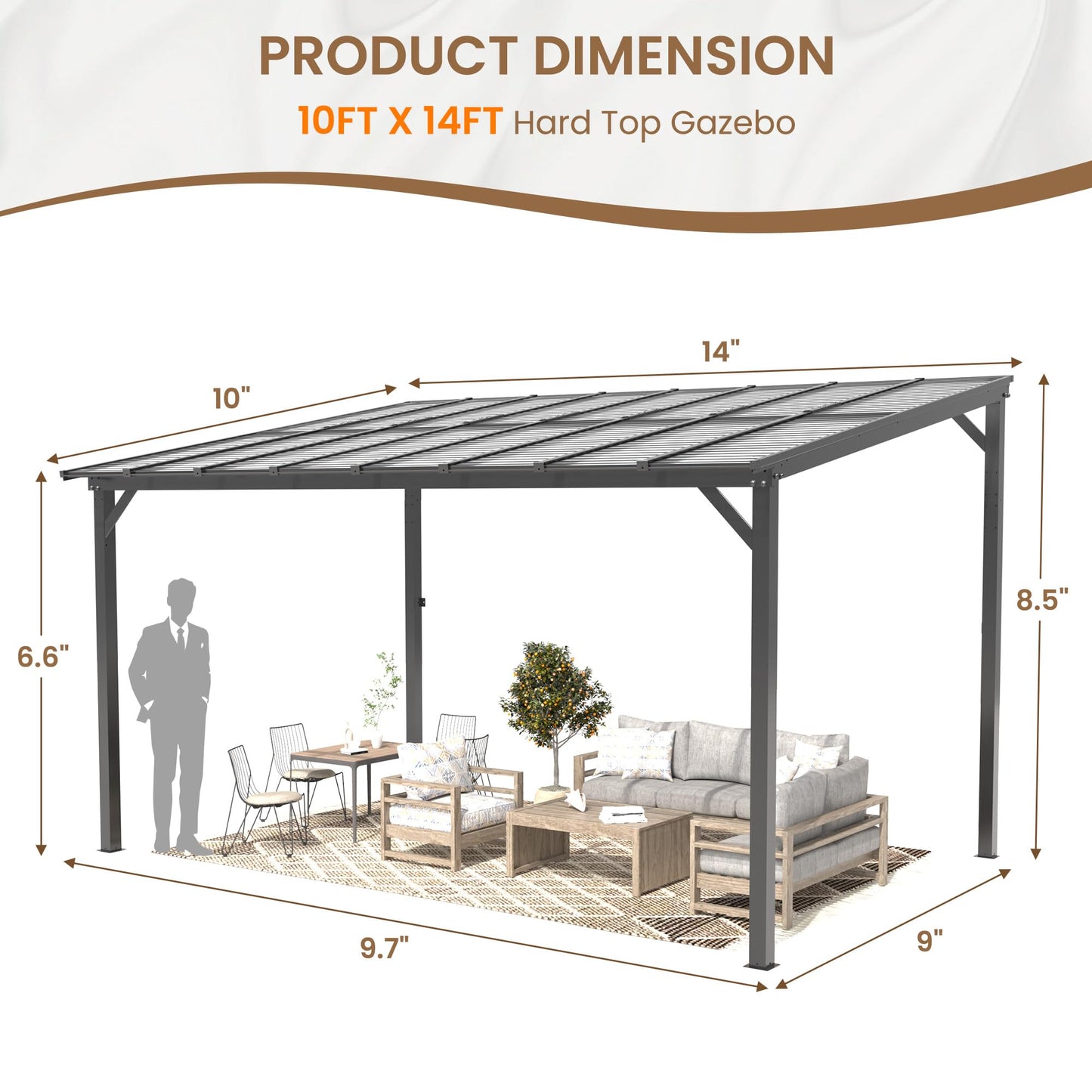 VONZOY 10' x 14' Gazebo, Hardtop Wall Mounted Lean to Gazebo Pergola for Patio, Large Aluminum Pergola Awnings for Decks, Patio, Backyard, Porch - WoodArtSupply