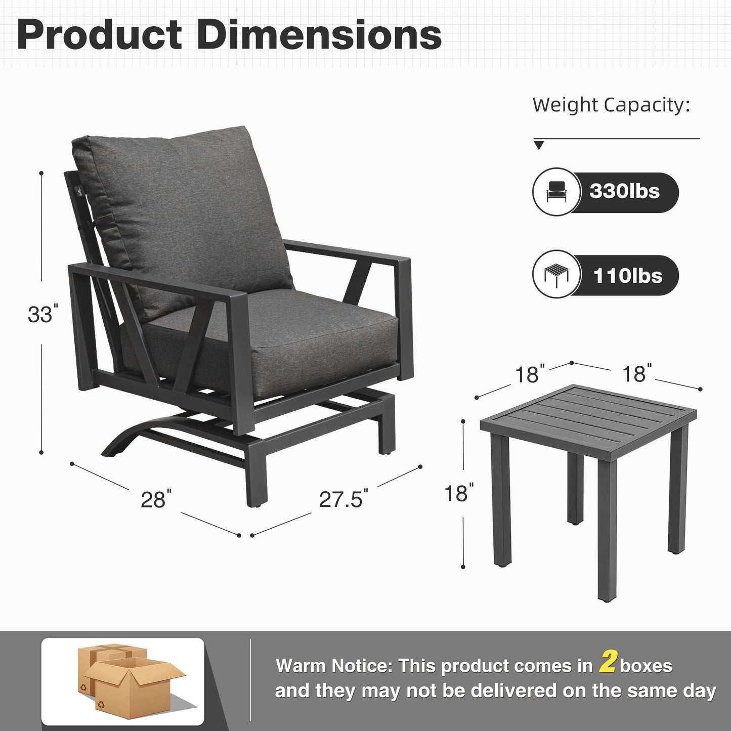 COMLAX FIELD Outdoor Patio Porch Furniture Set, 3 Pieces Patio Bistro Conversation Set with Coffee Table, Metal Patio Motion Rocker Chairs, Grey - WoodArtSupply