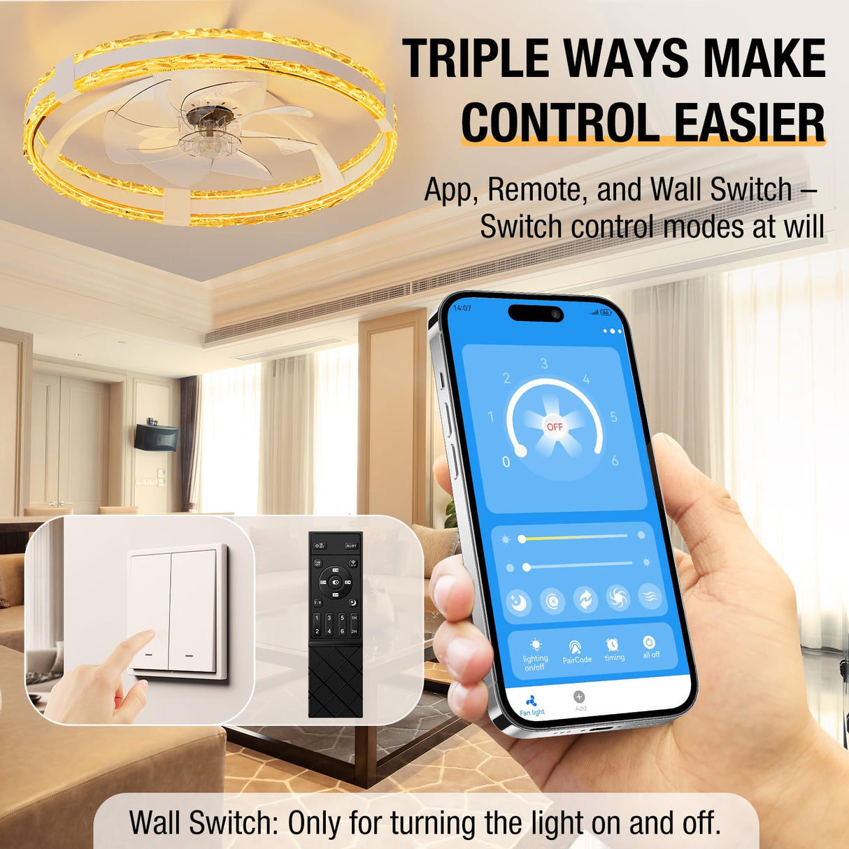 SKRFORM Ceiling Fans with Lights and Remote, 20'' Low Profile Flush Mount Ceiling Fan with 6 Speeds & 3 Color Temperature, 3000-6500K Dimmable Led Fandelier for Bedroom Livingroom, White SKRFORM