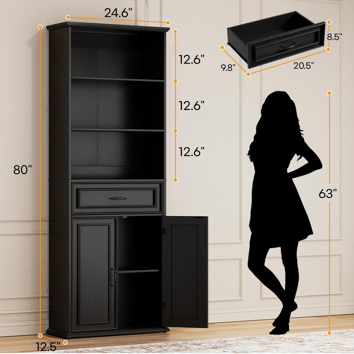 Cyclysio 80" Tall Bookcase, Farmhouse Bookshelves with Drawer and Doors, Floor Standing 6 Shelf Display Storage Cabinet for Home Office, Living Room (1, Black) Cyclysio