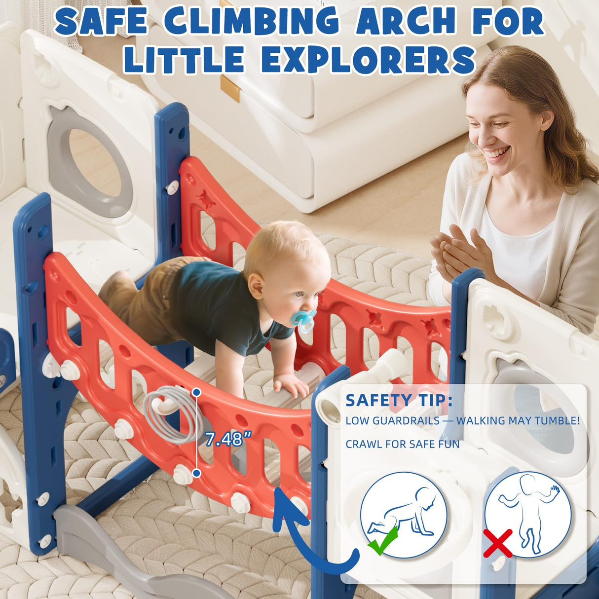 67i Toddler Indoor Playground Slide and Swing Set with Climbing Arch, Golf, Basketball - Outdoor Playset for Toddlers 1-3, Kids Activity Center (Red Blue, with Swing) 67i