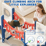 67i Toddler Indoor Playground Slide and Swing Set with Climbing Arch, Golf, Basketball - Outdoor Playset for Toddlers 1-3, Kids Activity Center (Red Blue, with Swing) 67i