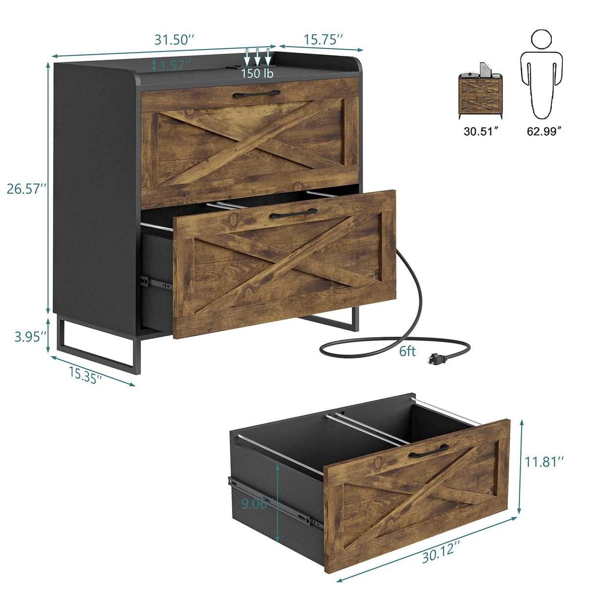 2 Drawer Lateral File Cabinet, Filing Cabinet with Charging Station for Letter/Legal/A4 Size Hanging Files, Modern Farmhouse File Cabinet for Home Office, Printer Stand with Storage, Brown and Black Befrases