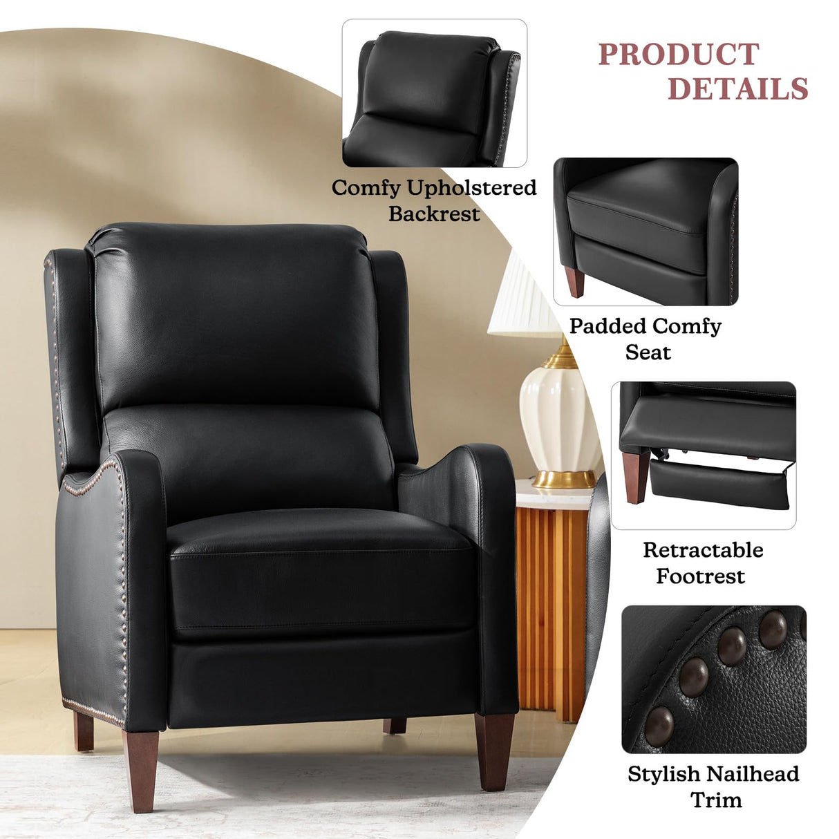 HULALA HOME Leather Recliner Chair, Modern Push Back Recliner Chair with Adjustable Backrest & Footrest, Casual Single Leather Sofa, Comfy Upholstered Club Chair for Living Room, Bedroom, Black HULALA HOME