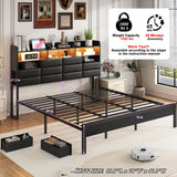 Etditrnp King Size Black Bed Frame with 2 Storage Drawers and Charging Station, Upholstered Bed Frame with PU Leather Headboard LED Lights, Metal Slats Support, No Box Spring Needed, Noise Free Etditrnp