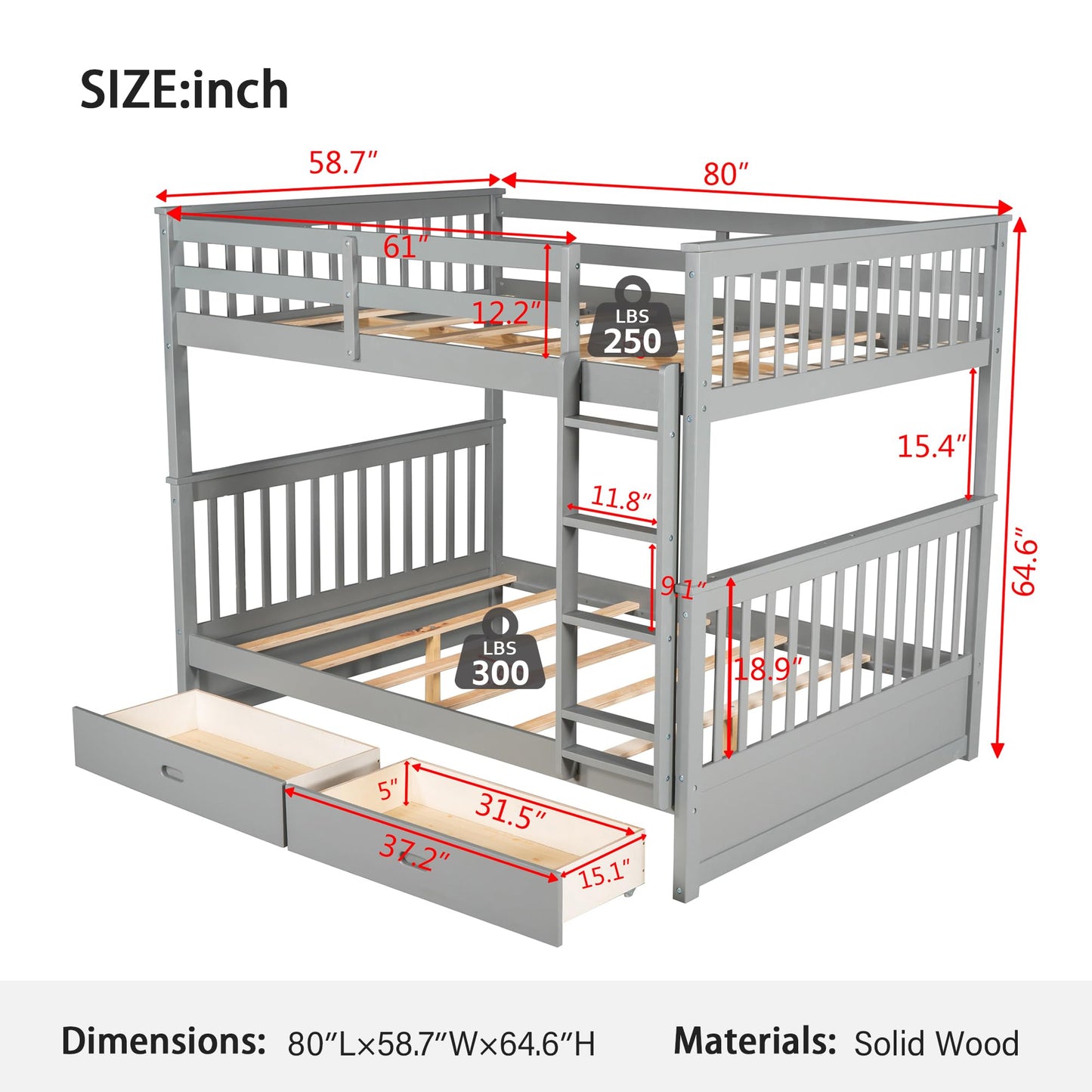 Merax Grey Solid Wood Convertible Bunk Bed with Storage Drawers and Ladders, Full Over Full - WoodArtSupply