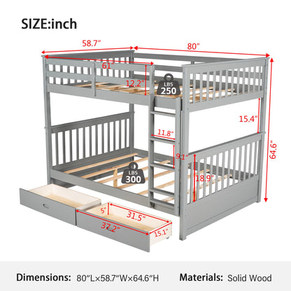 Merax Grey Solid Wood Convertible Bunk Bed with Storage Drawers and Ladders, Full Over Full - WoodArtSupply