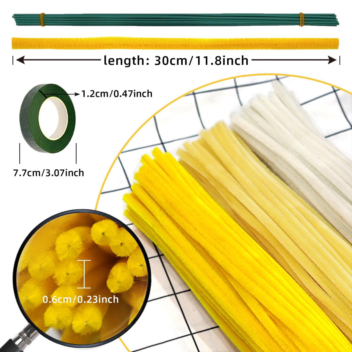 URSDIART 311pcs Pipe Cleaners Flowers Kit,300pcs Yellow Pipe Cleaners Crafts Chenille Stems Bulk 10 Flower Stems Green Tape, Art and Craft Projects Supplies for Flowers, Classroom Project,Decoration URSDIART