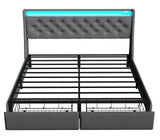 SADENICEL Queen Bed Frame with Storage Headboard and 2 Drawer, Metal Queen Size Bed Frame Platform with LED Light, Charging Station, No Box Spring Needed, Noise Free, Easy Assembly, Grey SADENICEL
