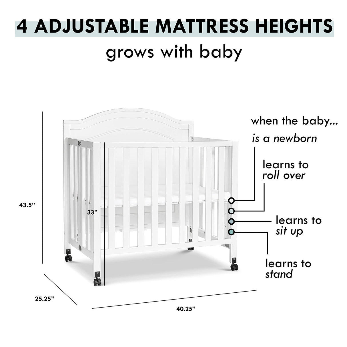 DaVinci Charlie Folding Portable 3-in-1 Convertible Mini Crib and Twin Bed in White, Removable Wheels, Greenguard Gold Certified DaVinci