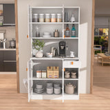 Buenhomino White Kitchen Pantry Cabinet, 71" Hutch Cabinet with Countertop & Power Outlet & Adjustable Shelves, High Gloss Wood Buffet Cabinet with Microwave Stand for Living Room, Dinning Room Buenhomino