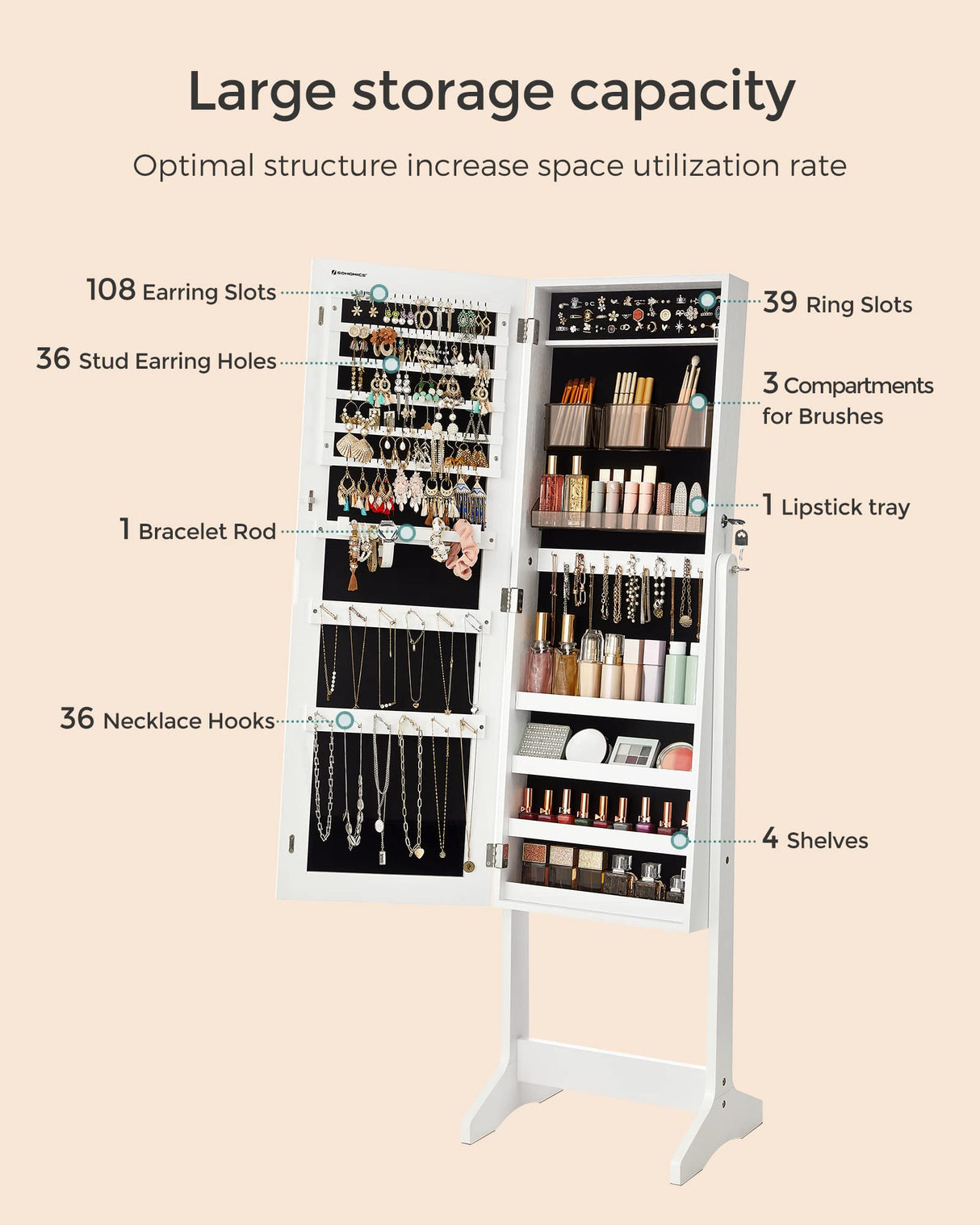 SONGMICS Jewelry Cabinet Armoire, Freestanding Lockable Storage Organizer Unit with 2 Plastic Cosmetic Storage, Full-Length Frameless Mirror, for Necklace Earring, White UJJC002W01 SONGMICS