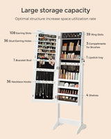 SONGMICS Jewelry Cabinet Armoire, Freestanding Lockable Storage Organizer Unit with 2 Plastic Cosmetic Storage, Full-Length Frameless Mirror, for Necklace Earring, White UJJC002W01 SONGMICS