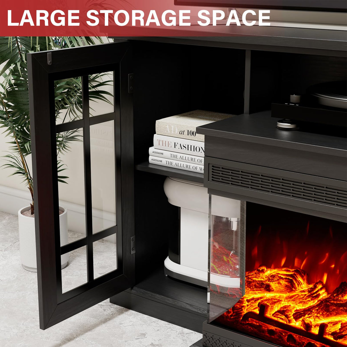 LUXOAK 75" Fireplace TV Stand with 3-Sided Glass Electric Fireplace, Media Entertainment Center with Farmhouse Glass Door Storage Cabinet, TV Console Table for TVs up to 85", Black LUXOAK