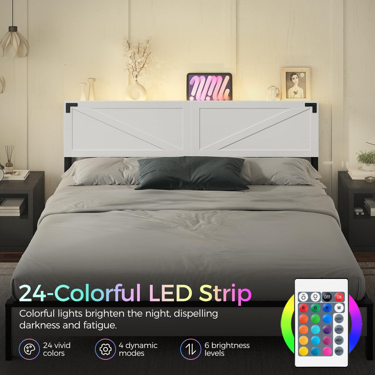 MAHANCRIS King Size Headboard Only, Headboard with 2 Outlets and 4 USB Ports, Farmhouse Headboard, with LED Lights, Secure Storage with Raised Fence, with Bed Frame Adapter, White and Black MAHANCRIS