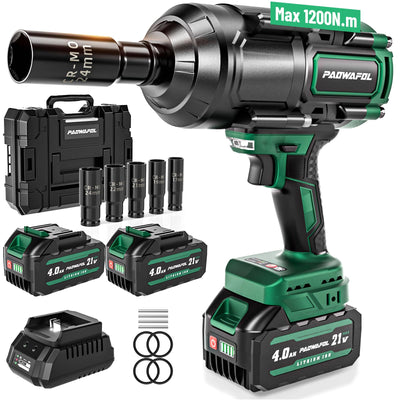 Paowafol 1200N.m(900ft-lbs) Cordless Impact Wrench, High Torque 1/2" Impact Gun with 2* 21V 4.0AH Battery, Fast Charger, 5 Sockets & Storage Case, Brushless Pistola De Impacto for Home Car Truck Tires
