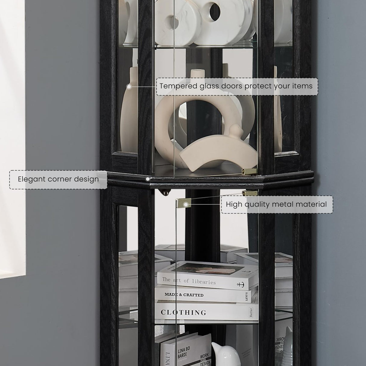 Eyisean 70" Lighted Glass Corner Curio Cabinet, Display Cabinet with Elegant Tempered Glass Door, China Cabinet with Light Bulb, Mirrored Back Panel, Rack for Living Room Storage (Black) Eyisean