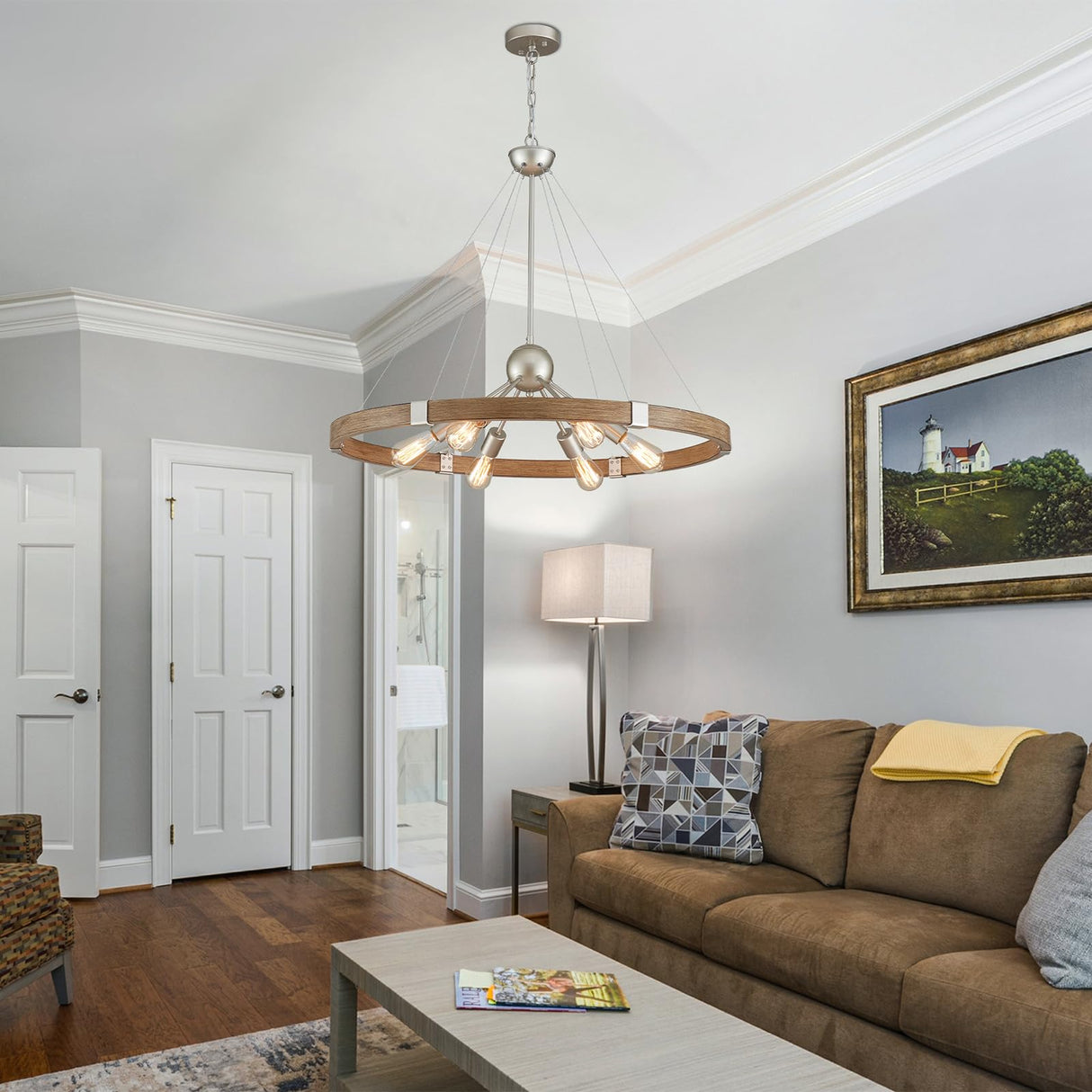 XINGQI Wagon Wheel Chandelier Modern Rustic Large Round 6-Lights Nickel & Wood Grain Finish Retro Ceiling Pendant Light Fixture for Dining Room Living Room XINGQI