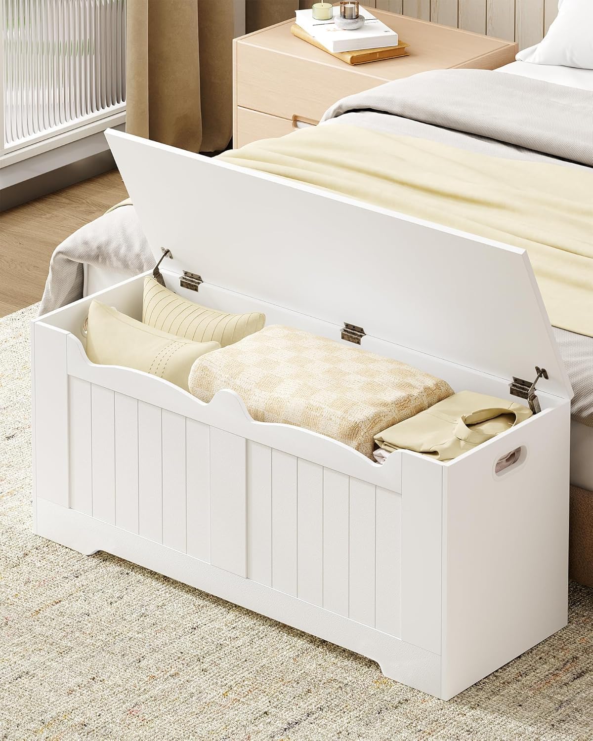 Hzuaneri 43.3" Storage Chest, Extra Large Storage Trunk with 2 Safety Hinges, Lift-Top Bench Box, Wooden Chest Organizer, Shoe Bench for Entryway, Bedroom, Living Room, White SB25503X Hzuaneri