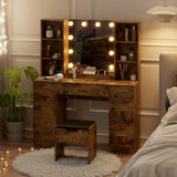 Farmhouse Makeup Vanity Desk with Lights,55.7" Modern Makeup Vanity with Charging Station&Storage Shelves,Bedroom Dressing Table for Women & Girls,3 Lighting Modes,Brightness Adjustable(Brown) TackView