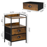 Jixlantuc Night Stand Bedside Table Bedroom Nightstand with Open Shelf Bed Side Table with Fabric Drawers End Table with 2 Drawer Storage Night Stands for Living Room Rustic Brown Black Jixlantuc