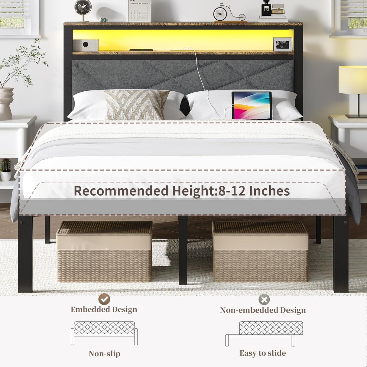 ChicZhiNest Full Bed Frame with Charging Station, LED Lights, Heavy Duty Metal Slats, Headboard with Upholstered Back and Storage Shelves, No Box Spring, Noise-Free, Easy Assembly, Dark Gray ChicZhiNest