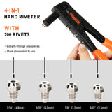Meiwaltee Rivet gun,Professional Pop Rivet Gun Kit with 200Pcs Rivets, 3/32"-1/8"-5/32"-3/16", Heavy Hand Riveter kit Suitable for Metal work, Gutter, Automotive and other common DIY projects Meiwaltee
