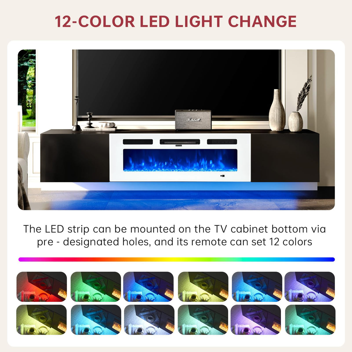 oneinmil Floating TV Stand with 36" Electric Fireplace, Wall Mounted Fireplace Entertainment Center with Storage, 70" TV Console with Fireplace, Floating TV Cabinet, Black+White oneinmil