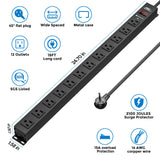 CRST 12-Outlet Long Power Strip with 15FT Cord, 2100 Joules Heavy Duty Surge Protector Mountable Power Strip, Wide Spaced Outlets for Industrial Garage Commercial(15A/1875W) CRST