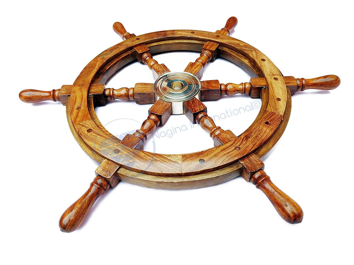Nagina International Natural Wood Premium Pirate's Boat Ship Wheel (16 Inches) Nagina International