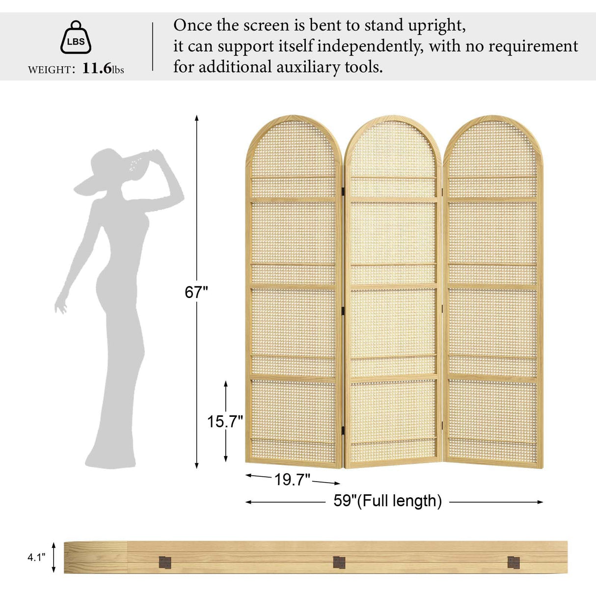 Rattan Room Divider with Built-in Bookshelf | Foldable Privacy Screen & Portable Partition for Home Office, Bedroom, Reading Nook | Wooden Frame, Freestanding Design (Natural-Rattan) Svimi