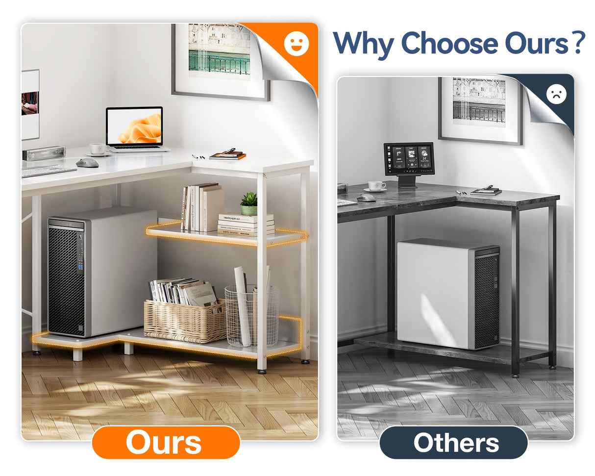 Casaottima L Shaped Computer Desk, 48 Inch Small Corner Desk with Storage Shelves & PC Stand, Reversible Gaming Desk for Bedroom, Modern Writing Study Table for Home Office, White Casaottima