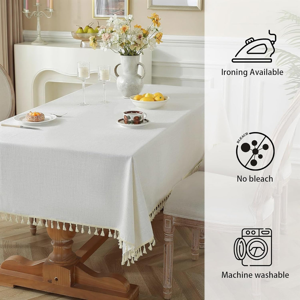 Alsoo Table Cloth Rectangle Table Heavy Duty Cotton Linen Texture Tablecloth Farmhouse Waterproof Wrinkle Free Table Cover with Ivory Tassel for Kitchen Dining Holiday Party, Ivory, 55" x 75" Alsoo