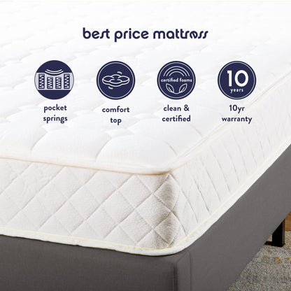 Best Price Mattress 8 Inch Tight-Top Pocket Spring-Mattress - Motion Isolation Individually Encased Pocket Springs, Comfort Foam-Top, CertiPUR-US Certified Foam, Queen, White