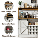 4ever2buy Farmhouse Coffee Bar Cabinet with 8 Hooks, 55” Kitchen Hutch Cabinet with Storage, White Coffee Bar with Sliding Barn Doors, Wine Bar Cabinet with 12 Racks for Living Dining Room 4ever2buy