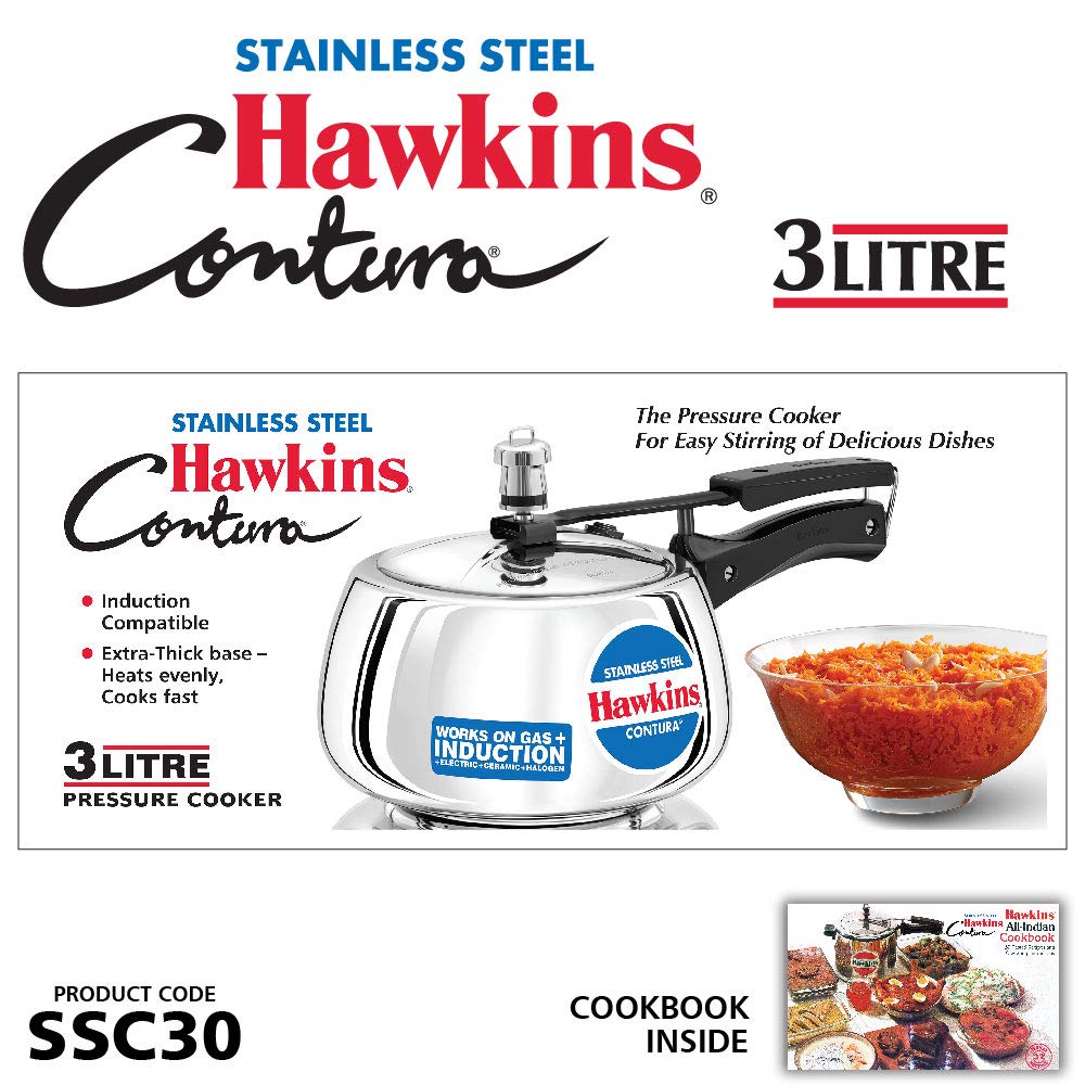 Hawkins 3 Litre Contura Pressure Cooker, Stainless Steel Inner Lid Cooker, Handi Cooker, Induction Cooker, Silver (SSC30) HAWKINS