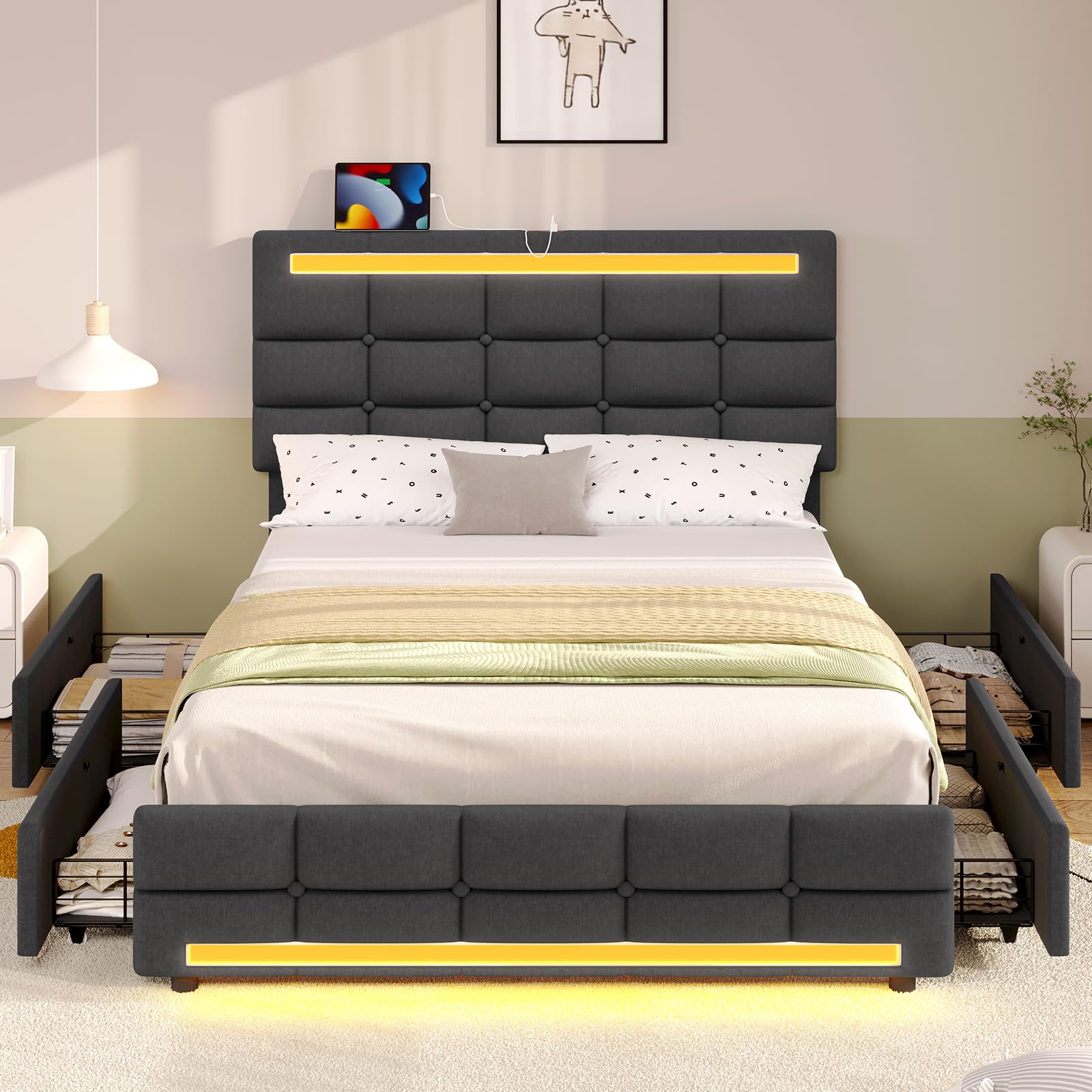 Upholstered Twin Bed Frame with LED Headboard and Storage Drawers - Dark Grey by ADORNEVE - WoodArtSupply