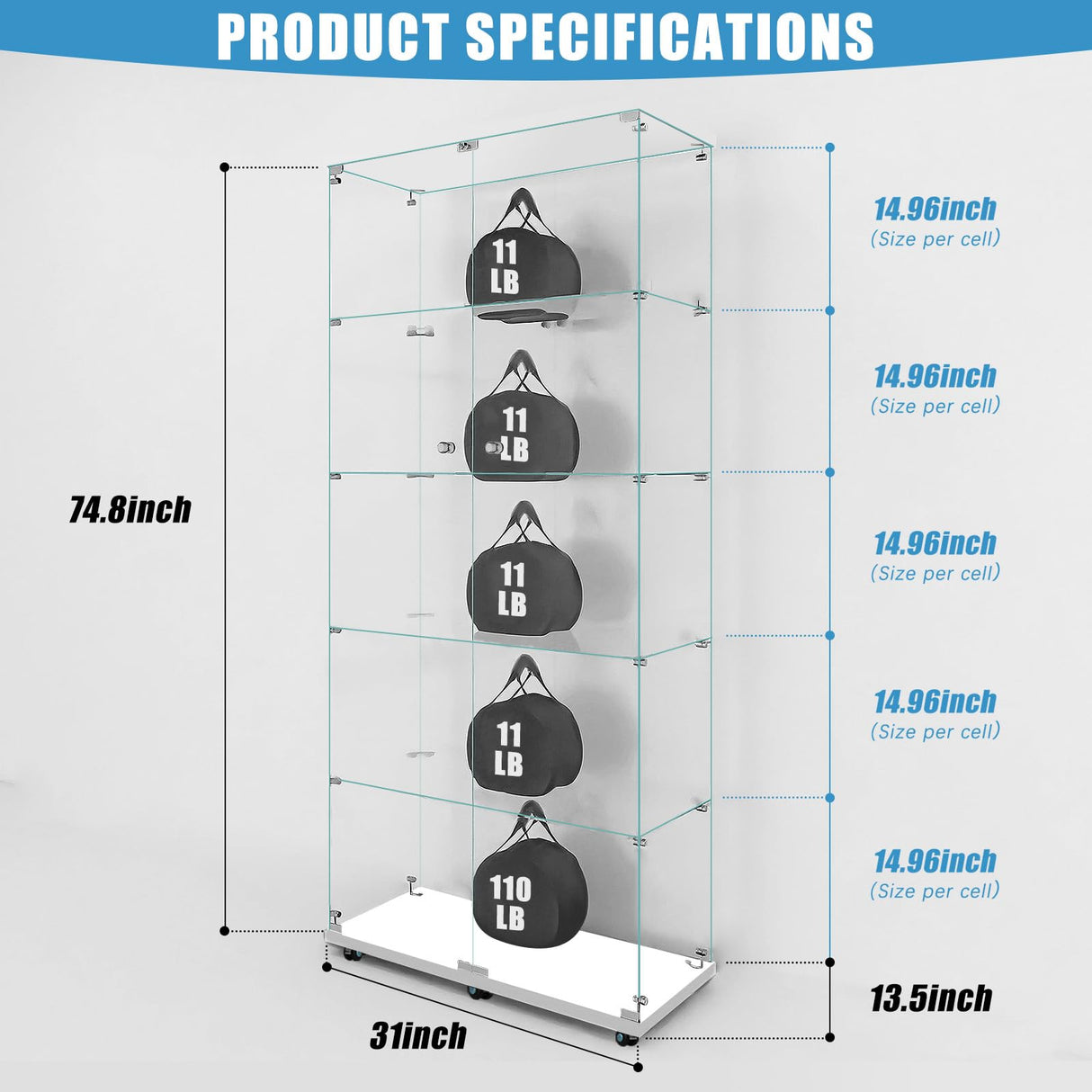 Fetuero Glass Display Cabinet,5 Shelves Double Door LED Lights Curio Cabinet for Collection with Wheels, 74.8" High Glass Display Case for Living Room Bedroom Playroom Office,White Fetuero