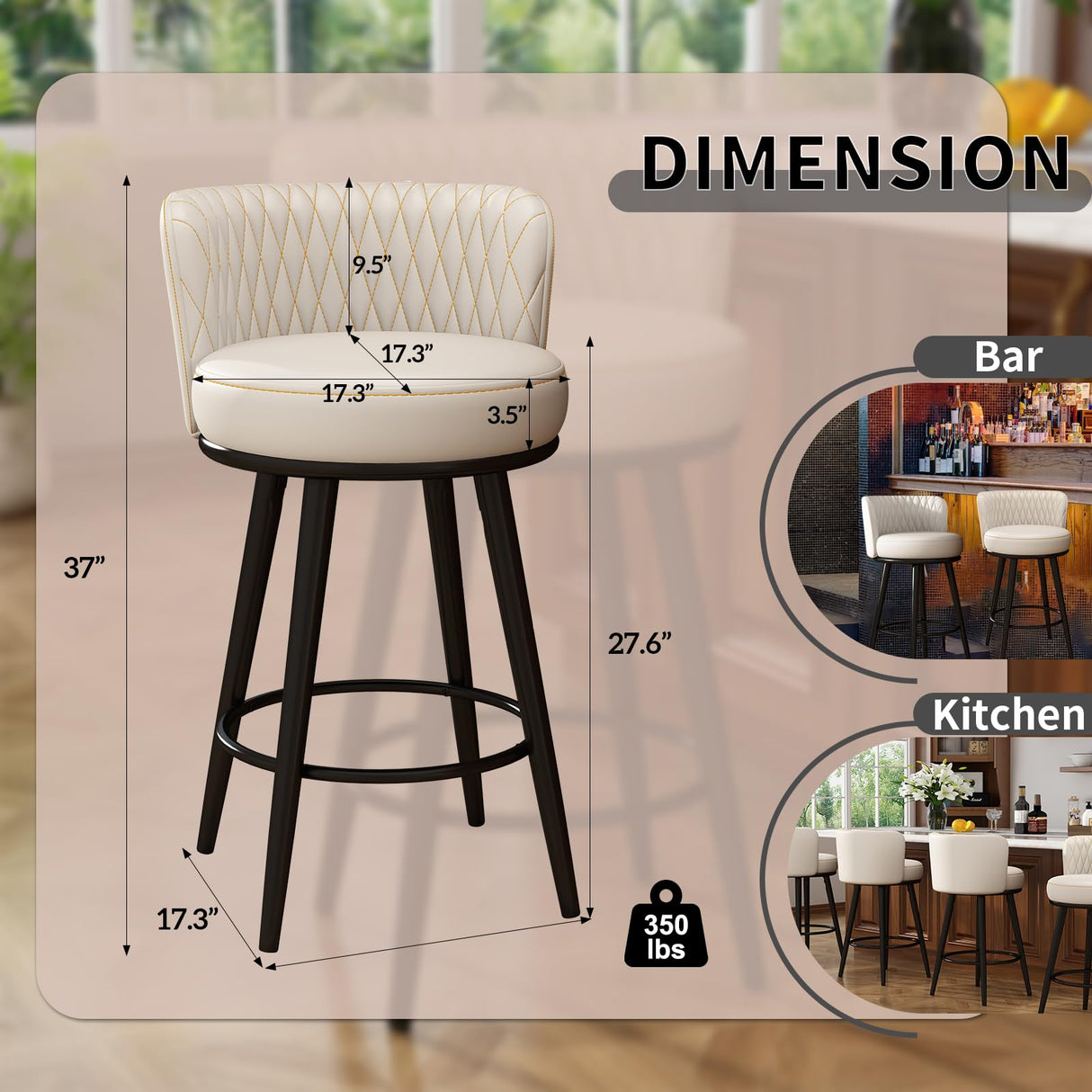 HONIFUR Bar Stools Set of 2, 27 Inch Barstools with Sturdy Legs, Leather Farmhouse Counter Height Bar Stool for Kitchen, Dining, Bar (Swivel, Beige, Leather) HONIFUR